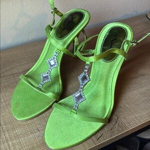 Nina Lime Green Satin Heels with Rhinestone Accents